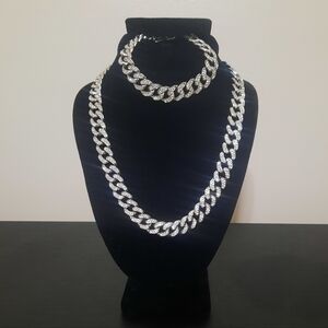 Silver CZ Cuban Link Chain Necklace and Bracelet Set